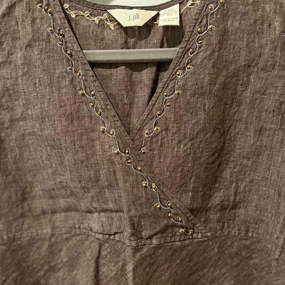 Linen Vintage J Jill Brown Sleeveless Blouse with Embroidery and Beads - Picture 2 of 5